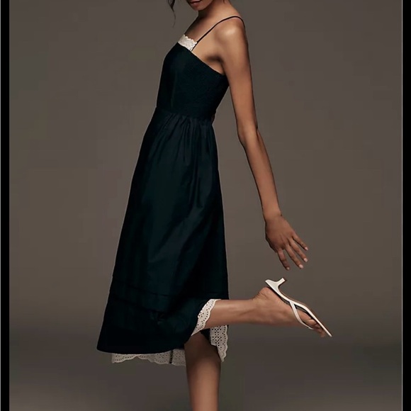 Anthropologie 100% Cotton Navy High-Low Dress with White Eyelet Trim - Picture 3 of 12